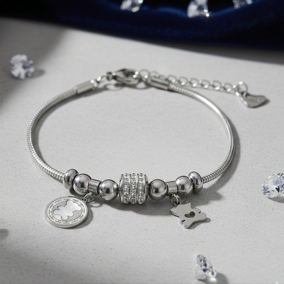 NKULTD Jewelry - 18K White Gold Plated Bear Charm Bracelet Rhinestone Beads Trendy Gift Jewelry